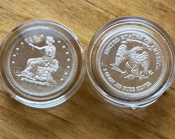 SET OF 2 Miniature Silver Trade Dollar Tribute Coin in Protective Capsule • 1 Gram Fine Silver (99.9% Pure) • Fractional Round, 15mm
