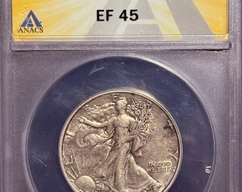 1938 D Walking Liberty Half Dollar 50c • KEY DATE • Denver Mint • 90% Pure Silver Type Coin • Graded ANACS EF45