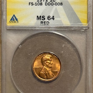 1972 Lincoln Memorial Penny,  Mint Error: Doubled Die Obverse DDO-008, FS-108 • Graded ANACS MS64 Red