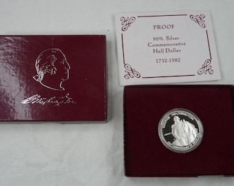 1982 S George Washington Half Dollar • 90% Fine Silver Commemorative Proof Coin in Capsule + OGP Box + COA