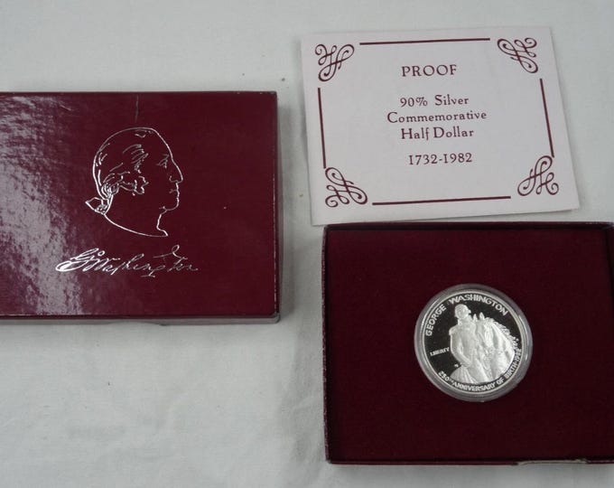 1982 S George Washington Half Dollar • 90% Fine Silver Commemorative Proof Coin in Capsule + OGP Box + COA