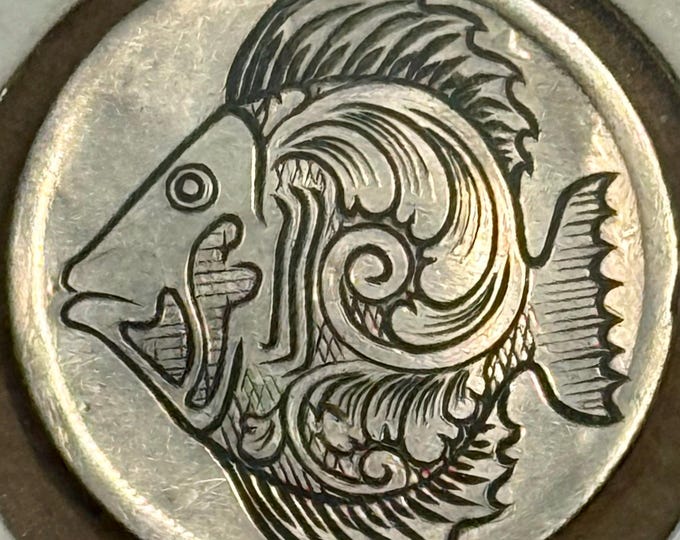 Featured listing image: Genuine HOBO NICKEL Hand-Carved on a V Nickel by Artist CM • Beautiful Fishy in Capsule