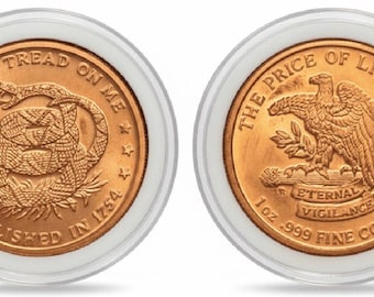 SET OF 2 Don’t Tread on Me Rattlesnake Coil Patriotic Copper Rounds • 1 oz Pure Copper (.999 Fine) in Air-Tite Capsules