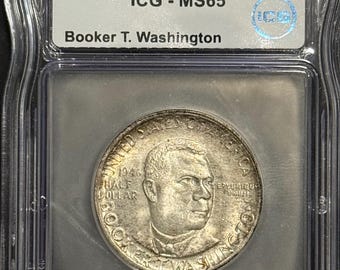 1946 D Booker T Washington Commemorative Silver Half Dollar • 90% Fine Silver Coin • Denver Mint • Graded ICG MS65