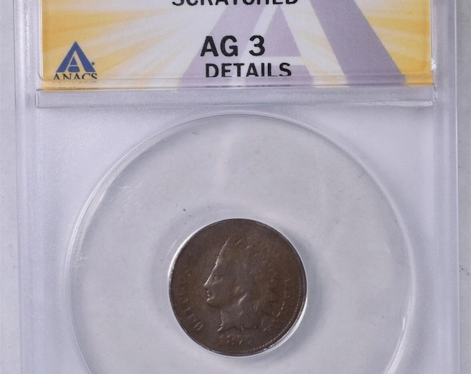 1877 Indian Head Penny Cent • KEY DATE United States Rare Coin • Graded Genuine ANACS AG3 Details, Scratched About Good