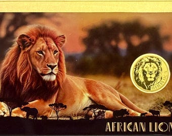 African Lion PURE GOLD COIN in Assay Card • 1/1000oz Pure Gold (.999 Fine, 24k) • Republic of Chad Legal Tender, 3000 Francs