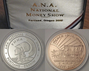 2 MEDAL SET • Oregon Trail Commemorative Rounds • 1 oz Fine Silver + 1 oz Pure Copper • 2009 ANA National Money Show, Portland • Mintage 150
