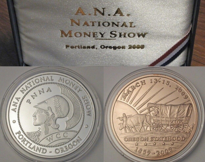 2 MEDAL SET • Oregon Trail Commemorative Rounds • 1 oz Fine Silver + 1 oz Pure Copper • 2009 ANA National Money Show, Portland • Mintage 150