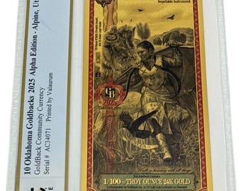 2025 Oklahoma Alpha Series 10 GOLDBACKS • 1st Year of Issue • 1/100oz Fine Gold Currency Note (99.9% Pure) • Graded PCGS 69 PPQ