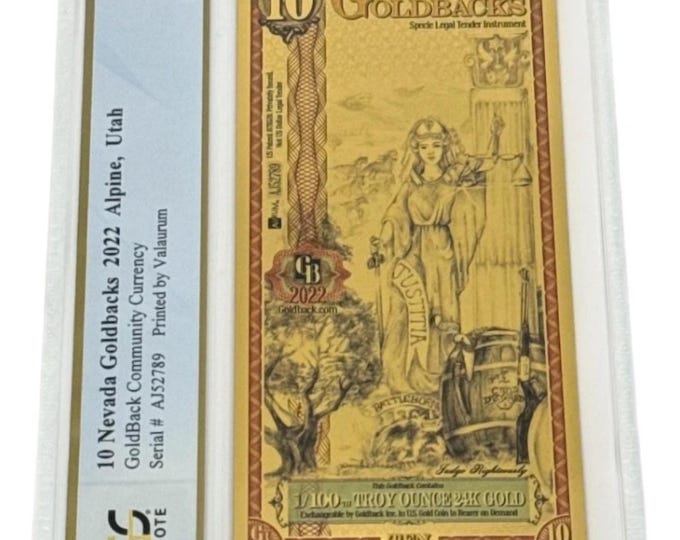 2022 Nevada 10 GOLDBACKS • 1/100 oz Fine Gold, 99.9% Pure • Fractional Gold Currency • Graded Superb Gem Uncirculated, PCGS Banknote 69 PPQ