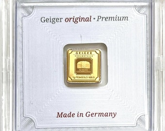 Geiger Edelmetalle 1 Gram Square Gold Bar • Original Premium in Assay Capsule • 1g Fine Gold (99.99% Pure)