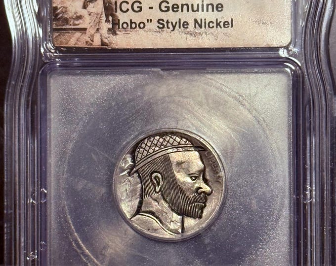 Featured listing image: FEATURED SALE! Authentic Hobo Nickel Hand-Carved on a Buffalo Nickel by Artist Bp • Graded ICG Genuine