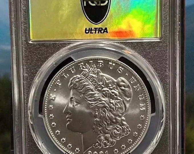 2021 CC Privy Morgan Silver Dollar • 100th Anniversary, Carson City Mint • Ultra Breaks Gold Rush Chase Label • PCGS MS70 • Population of 20