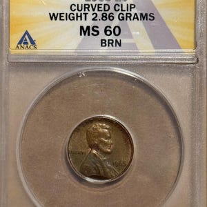 May include: A 1965 one-cent coin, graded MS 60, encased in a protective holder. The coin features a curved clip and weighs 2.86 grams. The holder displays the text "1965 1C MS 60 BRN" and "CURVED CLIP WEIGHT 2.86 GRAMS MS 60 BRN".
