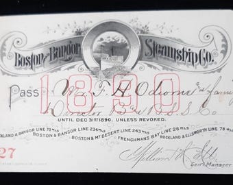 1890 Boston & Bangor Steamship Co • Vintage Annual Ticket Pass • Boston MA to Bangor ME • Manager Signed • Excellent Mint Condition