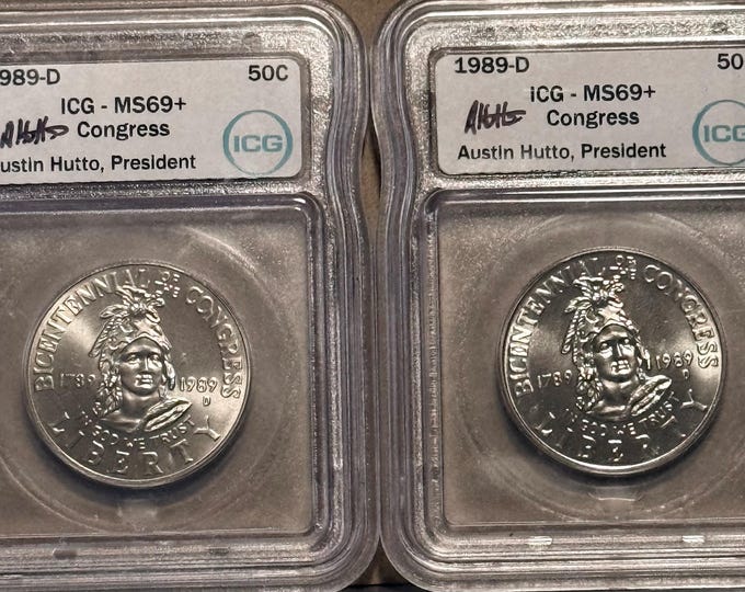 Featured listing image: FEATURED SALE! Set of 2 1989 D Congress Bicentennial Commemorative Half Dollars • Hutto Signed Label • Graded ICG MS69+