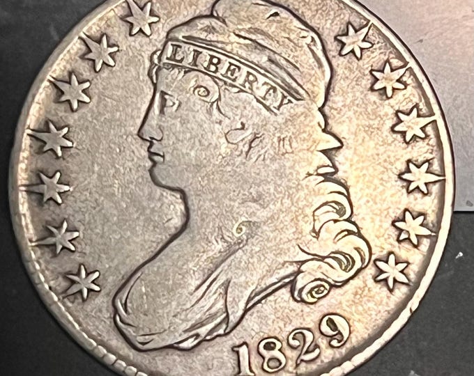 1829 Capped Bust Half Dollar 50c • Lettered Edge • 89% Fine Silver Type Coin • T.M. Counterstamp on Shield of Reverse