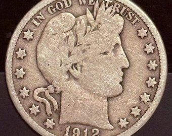 1912 D Barber Half Dollar 50c • 90% Pure Silver Type Coin • Denver Mint • Raw, Ungraded VG (Very Good)