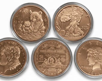 SET OF 5 • 1 oz Pure Copper Rounds in Capsules (.999 Fine) • Mixed Designs