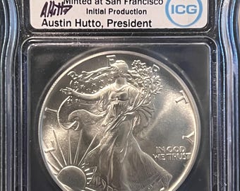 1986 S American Silver Eagle • KEY DATE • First Year, San Francisco Mint • Initial Production, Austin Hutto Signed Label • Graded ICG MS70