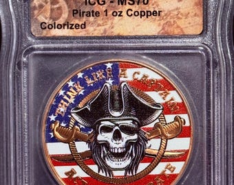 Hayleybug Mint Pirate Skull American Flag Pure Copper Round • 1 oz Fine (.999) Colorized Copper Coin • Graded ICG MS70