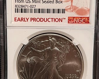 1990 American Silver Eagle (ASE) • From Mint Sealed Box, Early Production RARE Slab Label • 1 oz Pure Silver (.999 Fine) • Graded NGC MS69
