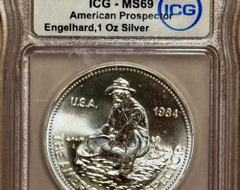 1984 Engelhard American Prospector, Eagle Reverse • 1 oz Pure Silver Round (.999 Fine) • Graded ICG MS69