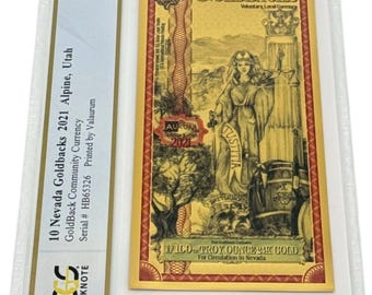 2021 Nevada 10 GOLDBACKS • 1/100 oz Fine Gold, 99.9% Pure • Fractional Gold Currency • Graded Supreme Gem Uncirculated, PCGS Banknote 70 PPQ