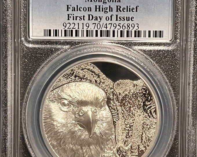 2023 Mongolia 500t Falcon High Relief Coin • First Day of Issue Label with OGP Box & Coa • 1 oz Fine Silver • PCGS PR70 DCAM Deep Cameo