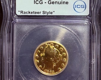 1883 Racketeer Liberty Head V Nickel • Type 1 No Cents Gold Plated Coin in a Graded Slab • Certified ICG Genuine Authentic
