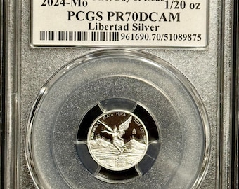2024 Mexico Libertad 1/20 Onza Proof Coin • 1/20 oz Pure Silver (.999 Fine) • First Day of Issue Flag Label • Graded PCGS PR70 Deep Cameo