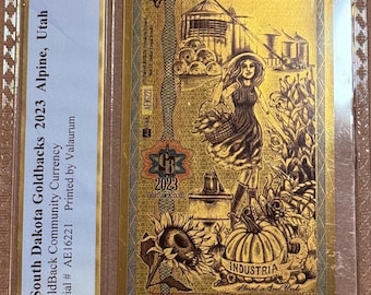 2023 South Dakota 5 GOLDBACKS, First Year, First Day of Issue Label • 1/200oz Fine Gold Note • 24K Fractional Gold • PCGS Grade 70 PPQ