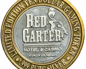 1995 Red Garter Casino Vintage Silver 10 Dollar Gaming Token (.999 Fine Silver) • Limited Edition in Square Holder