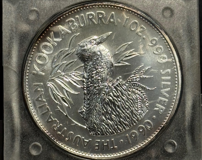 Vintage 1990 Australia Silver Kookaburra • 1 oz Fine Silver (99.9% Pure) • First Year of Issue (5 Dollar) in Original Mint Display Capsule