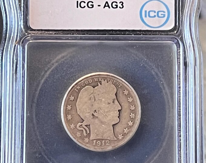 1912 Barber Quarter • 90% Fine Silver Coin • Philadelphia Mint • Graded ICG AG3 (About Good 3) Genuine