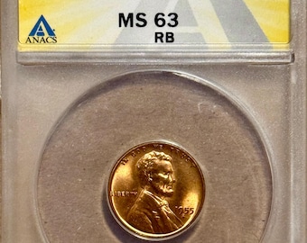 1955 S Lincoln Wheat Penny MINT ERROR, Die Chip On S • Graded ANACS MS63 Rb (Red Brown)
