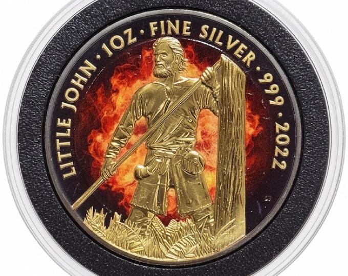 Featured listing image: FEATURED SALE! 2022 Great Britain Burning Little John, Robin Hood • 1 oz Fine Silver with Ruthenium Finish • Limited Mintage #152/200