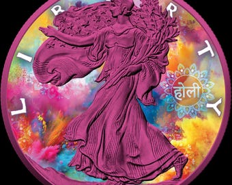 2025 American Silver Eagle • Hindu HOLI FESTIVAL of Colors Edition • Pink Space Colored Finish, 1 oz Fine Silver • Limited Mintage of 500