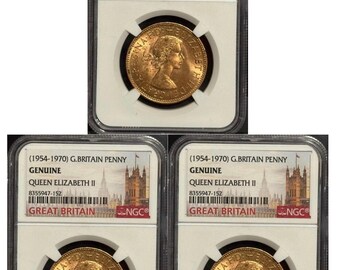 Lot of 3 • 1962 Great Britain Queen Elizabeth II Penny • Tower of London Label • Graded NGC Genuine