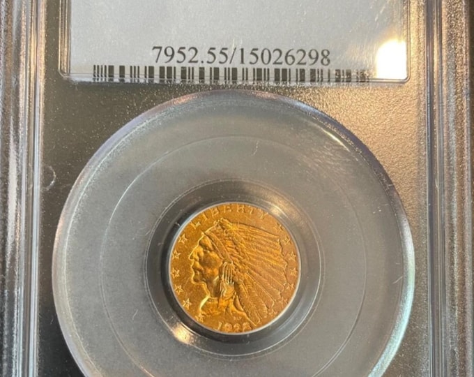 1928 Gold Indian Head 2.50 Quarter Eagle • Genuine 90% Pure Fractional Gold Coin • Philadelphia Mint • Graded About Uncirculated PCGS AU55