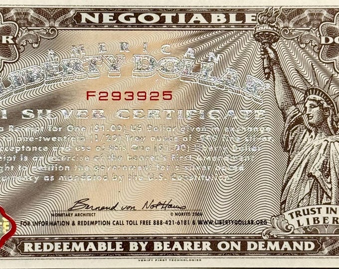 Featured listing image: 2006 NORFED American Liberty Dollar Silver Certificate • 20 Dollar Silver Base Note, Uncirculated