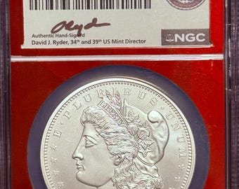 2023 Fiji One Dollar Coin • 1885 CC Morgan Dollar • EDC Red Core, First Day of Issue, David Ryder Signed Label • 1 oz Fine Silver • NGC MS70