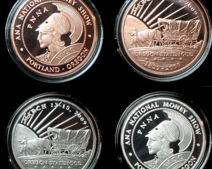 2 COIN SET • 2009 Oregon Trail Commemorative Coins • 1 oz Pure Silver (.999 Fine) + 1 oz Pure Copper Rounds • Limited Mintage of 150 Sets