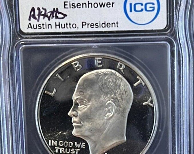 1971 S Eisenhower IKE Silver Dollar Proof, Austin Hutto Signed Label, 40% Pure Silver Coin • Graded ICG PR70 Deep Cameo • Top of Population