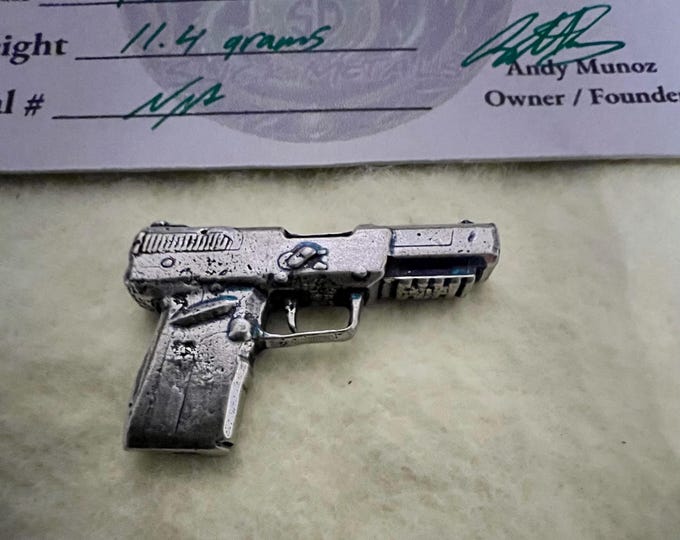 Miniature Replica FN 57 Pistol Design • Hand Poured Pure Silver (99.9% Fine) • Slick Metals Signed Certificate of Authenticity • 11.4 Grams