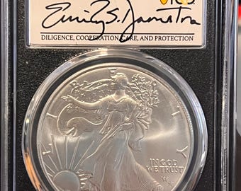 2024 P American Silver Eagle with Star Privy • Struck at Philadelphia Mint First Day of Issue (FDOI) Damstra Signed Label • Graded PCGS MS70