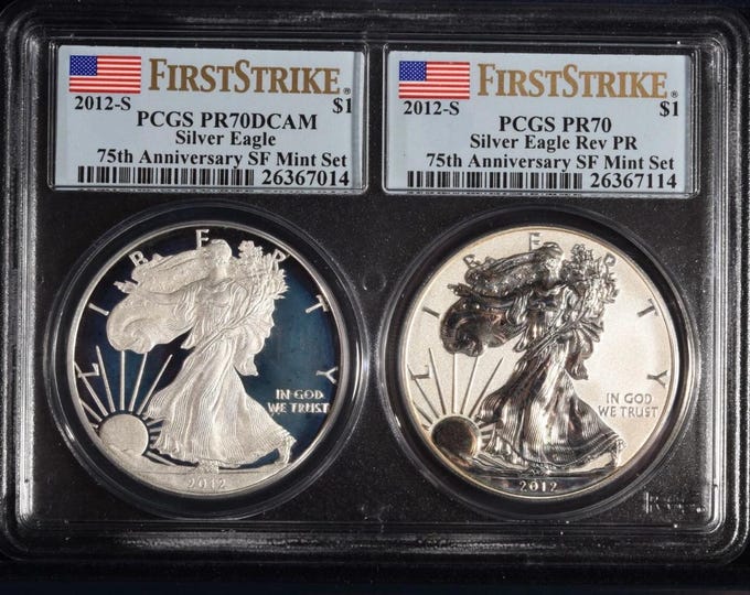 2 Coin Set • 2012 S American Silver Eagle • San Francisco Reverse Proof with OGP Box • 75th Anniv First Strike Label • PCGS PR70 Deep Cameo