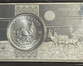 2021 South Africa Krugerrand Barren Springbok Silver Bar • 1 oz Pure Silver Round (.999 Fine) Imbedded in Silver-Plated Bar • OGP + COA
