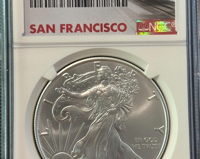 2021 S Heraldic American Silver Eagle (ASE) • Type 1, Emergency Production ER, San Francisco Trolley Label • Graded NGC MS69