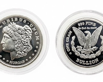 SET OF 2 Morgan Dollar Miniature Tribute Round, 15mm • 1 Gram Fine Silver (99.9% Pure) in Premium Capsule